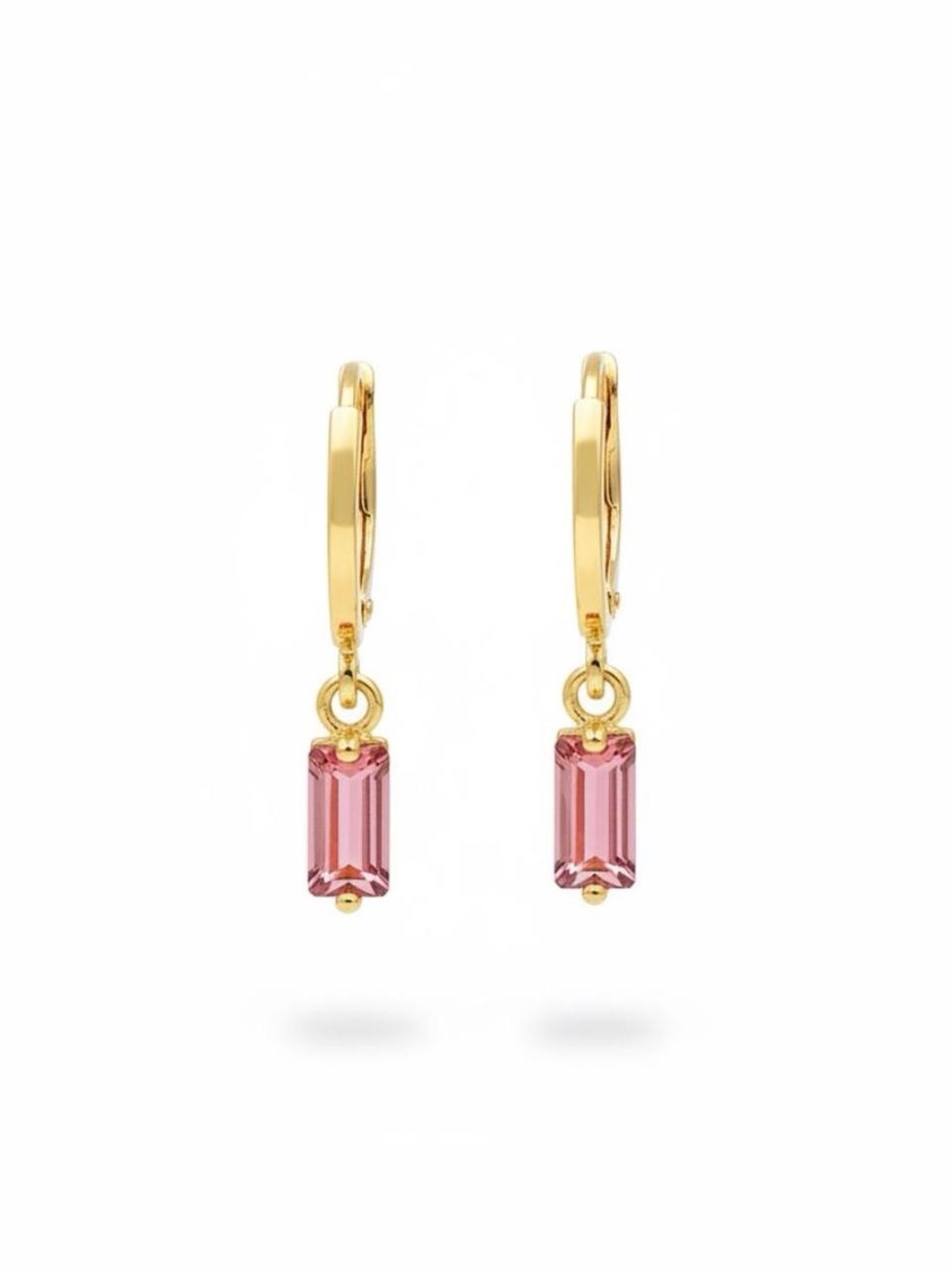 Gold Hoop Earrings with Pink Baguette Crystal Dangle